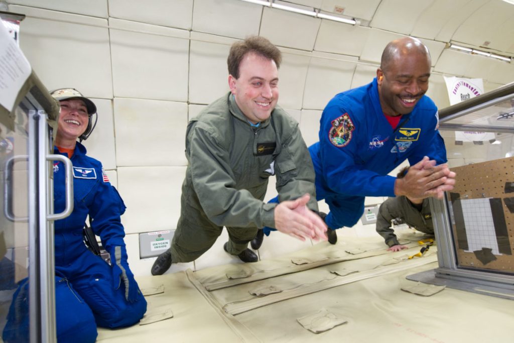 Mark Riccobono, who is blind, participating in a reduced gravity simulation program at NASA.